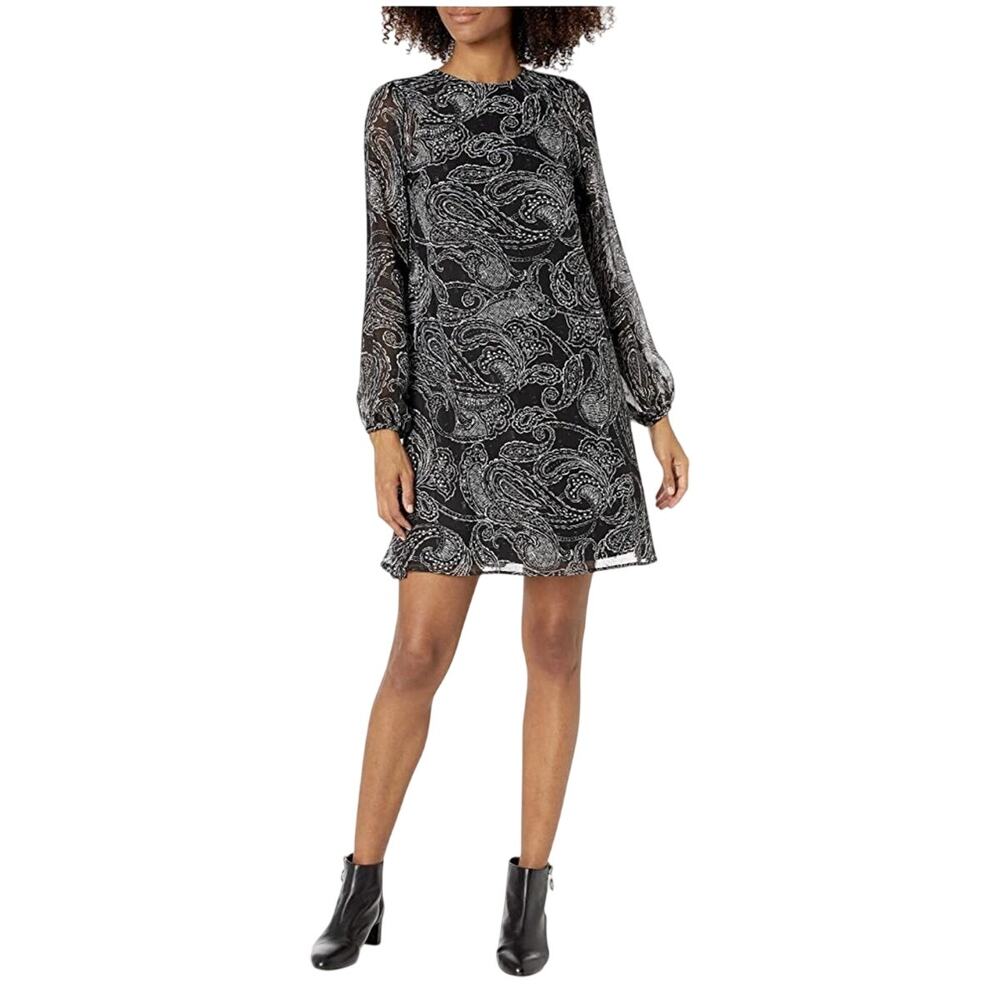 Calvin Klein Paisley Print Long Sleeve A Line Dress Size 6 Black Gray - Picture 8 of 8